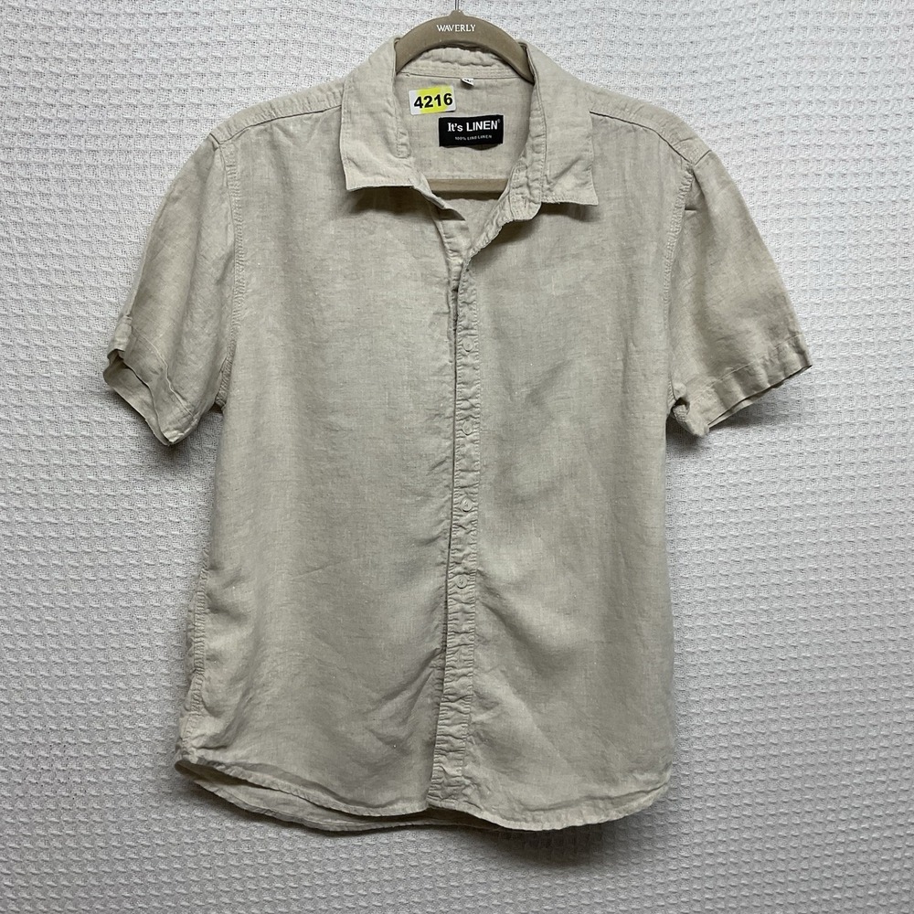 It's LINEN Button Down Shirt Women's Size XL Beige Short Sleeve Safari Travel